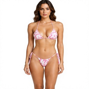 Ensemble bikini deux pièces sexy pour femme, couleur unie, taille haute, col halter, séchage rapide, logo personnalisé sur le devant, maillot de bain sur mesure - Product Image 1