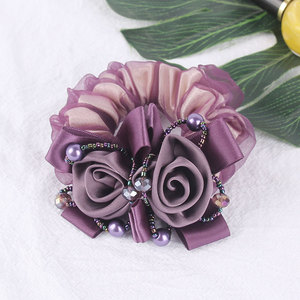 Bán Buôn Rhinestone Rose Silk Scrunchie Tóc Tie Cổ Điển Đàn Hồi Tóc Ban Nhạc Sang Trọng <span class=keywords><strong>Bling</strong></span> Ngọc Trai Phụ Kiện Tóc Phụ Nữ - Product Image 6