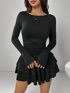 Elegantes Damenkleid mit Trompetenärmeln, Hoher Taille, Sexy Partykleid, Herbst-Winter Einfarbiges Figurbetontes Kleid mit Kaskaden-Rüschen, Mini-Kleid - Product Image 5