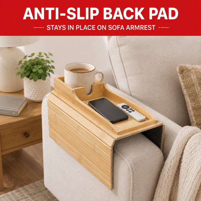 Bamboo Sofa Armrest Tray Foldable Couch Arm Table Anti-Slip Pad Phone Cup Holder for Drinks Remote Snacks Living Room Classic