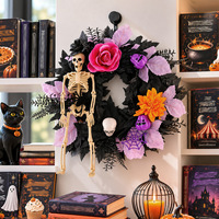 Guirlande de squelette d'Halloween, feuilles noires artificielles, roses colorées, citrouille, toile d'araignée, ornement pour porte d'entrée, décoration murale effrayante