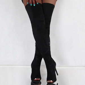 Botas de tacón alto hasta la rodilla con punta abierta, talla 43, de moda, con parte superior elástica, largas, para invierno, para mujer - Product Image 5