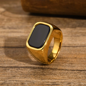 Bague Carrée Géométrique en Acier Inoxydable Or avec <span class=keywords><strong>Pierre</strong></span> de Verre Noire pour Homme - Product Image 1
