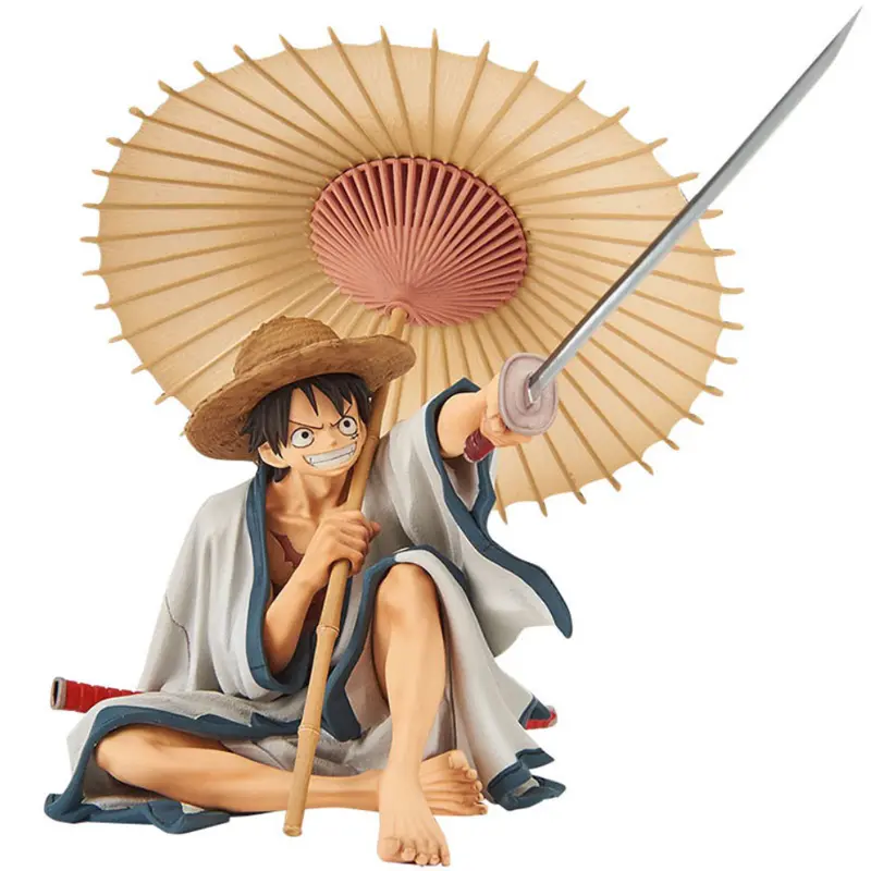 Wholesale 14cm Anime Characters White Kimono Top Duel umbrella Luffy GK Model Sitting Activity Figure