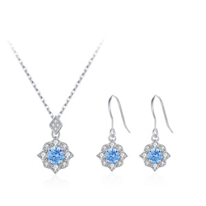 Round <b>Blue</b> Cubic Zirconia Halo Jewelry Set Vintage Flower <b>Necklace</b> Fish Hook Dangle Earrings Women Bridal 2Pcs Set - Product Image 1