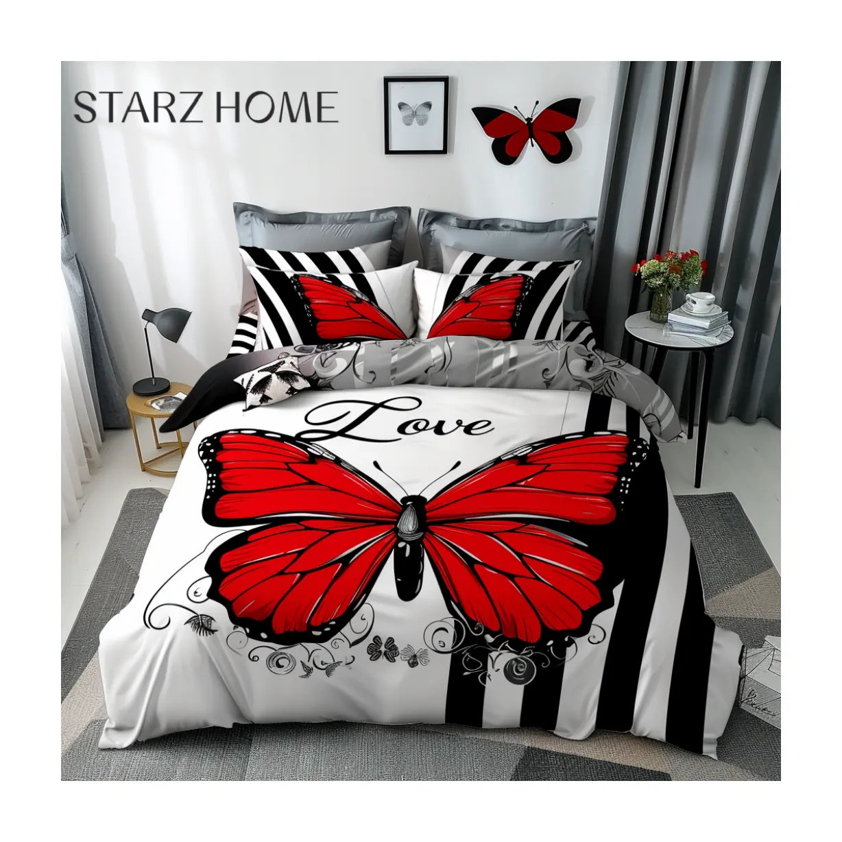 STARZ HOME Ensemble de draps de lit Queen tendance avec couettes papillon Ensembles de literie pour hôtels 100% coton-Literie 4 pièces