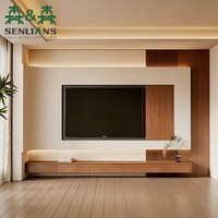 Meuble TV mural flottant en bois avec panneau crème rétroéclairé par LED et accents en lattes de bois cannelées pour salon
