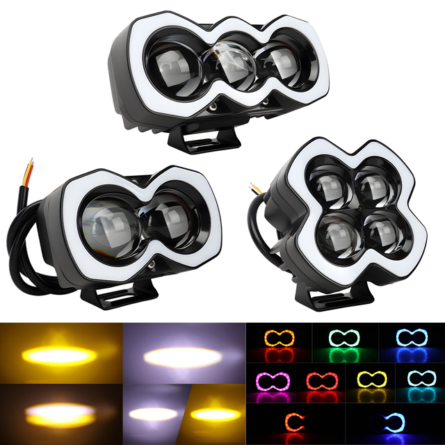 Kevanly 12V LED Motorcycle Headlight Aluminum Auto Lighting 2/3/4 Lens White/Yellow Flash Colorful High-Brightness Mini Driving
