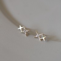 Boucles d'oreilles clous en argent sterling S925 plaqué or 14 carats, motif étoile à quatre branches, petites boucles d'oreilles étoile avec clous d'oreille pour cartilage