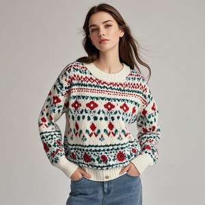 Suéteres de Punto para Mujer, Cuello Redondo, Diseño Floral Jacquard, Algodón y Acrílico, Estilo Casual, Oversize, Anti-Pilling, para Otoño - Product Image 1