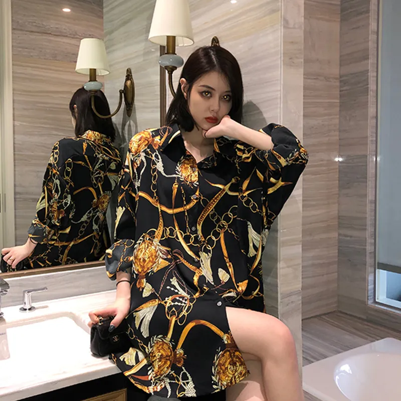 Wholesale Custom T Shirt Crepe Chiffon Blouse Female Print Loose Long Sleeve Blouse Tops Korean Work Plus Size Women's Blouses