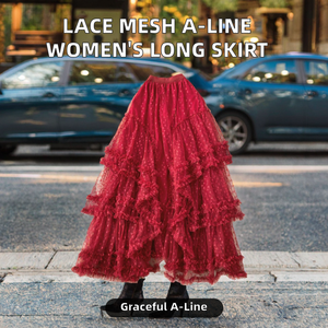 Falda de mujer de cintura imperio, transpirable, teñida lisa, de verano, casual, con volantes, empalme de encaje pesado, malla, corte en A, a media pantorrilla, poliéster/algodón - Product Image 2