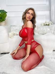 ملابس داخلية نسائية مثيرة من الساتان الشبكي، بودي سوت شفاف مزين بالأحجار الكريمة، ملابس داخلية ناضجة مقاس واحد وXXL، جوارب طويلة للجسم بتصميم حسب الطلب - Product Image 6