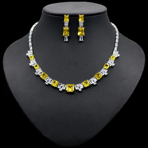HIBRIDE Gorgeous Square Shape Yellow Cubic Zircon Party Necklace <strong>Jewlery</strong> Sets for Women Wedding Bridal <strong>Costume</strong> Accessories N-369 - Product Image 1