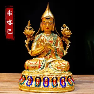 נחושת טהורה צבועה צונגקאפה פסל בודהה 7 אינץ' טיבטי טנטרית פולחן ביתי בודהה מגבון רצון פסל בודהה נחושת טהורה