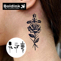 Tatouage au stylo Boldink personnalisé, réaliste, motif croix et rose, imperméable, longue durée (2 semaines), encre Jagua Juice