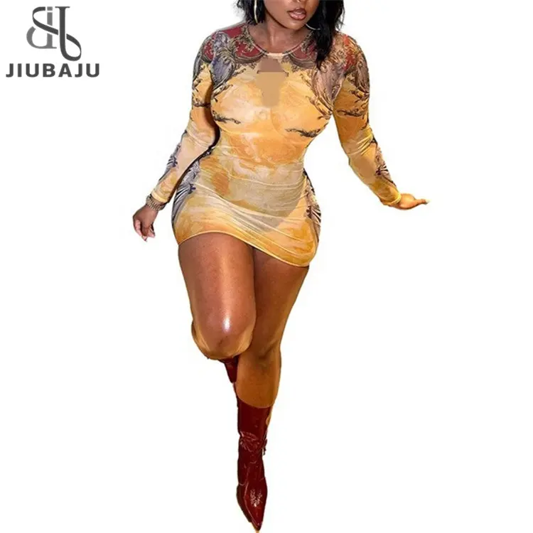 Đồ họa in mini ăn mặc Phụ nữ mùa thu dài tay áo O-cổ cơ thể định hình đường phố nữ Ăn mặc