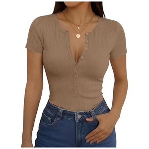 Camisetas de <span class=keywords><strong>Manga</strong></span> <span class=keywords><strong>Corta</strong></span> para <span class=keywords><strong>Mujer</strong></span>, Estilo Henley, Cuello en V, con Botones, Ajustadas, Elásticas, de Color Sólido - Product Image 5
