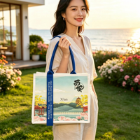 Sac fourre-tout en toile imprimé sur mesure avec illustration de paysage de Xi'an, souvenir de voyage, sac fourre-tout en coton avec poignée en sangle bleue