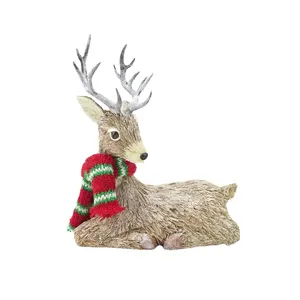 New 10" Indoor Natural Christmas Table Decor Ornaments Supplies Red Green Striped Scarf Straw Sitting Deer Figurine Decoration