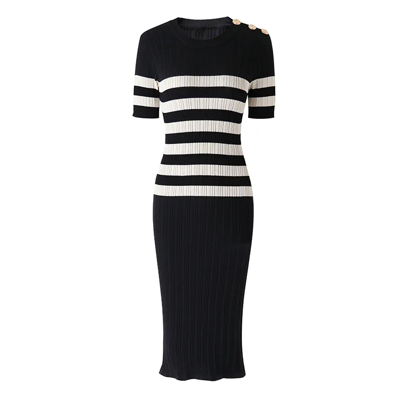 Factory Price Quality Women Black Knitting Long Dress Striped Pattern Stretchy Fabric Sheath Summer Dresses