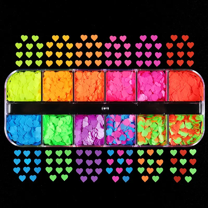 12 grille néon amour coeur Nail Art paillettes coloré Fluorescent taille mixte paillettes 3D flocons pour manucure breloques ongles accessoires