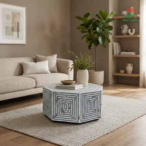 Table basse octogonale en marbre avec incrustations géométriques pour salon, mobilier d'intérieur contemporain - Product Image 4