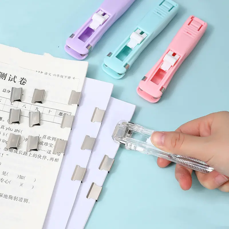 Macaron Color Seamless Binding Push Clamp Clip Simple Students Nail-free Stapler Paper Data Collation Clip Fixer Stapler Pusher