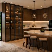 Lemari Kabinet Dapur Modern dengan Panel Pintu Kaca dan Lampu Sensor LED, Rak Penyimpanan dan Pajangan untuk Villa, Apartemen, Ruang Makan