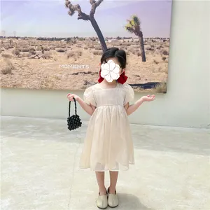 Best Price Cute Girls' Solid Color Puff Sleeve Chiffon Bow Dress Party Dress Sweet Flower Spring Little Girl Dress