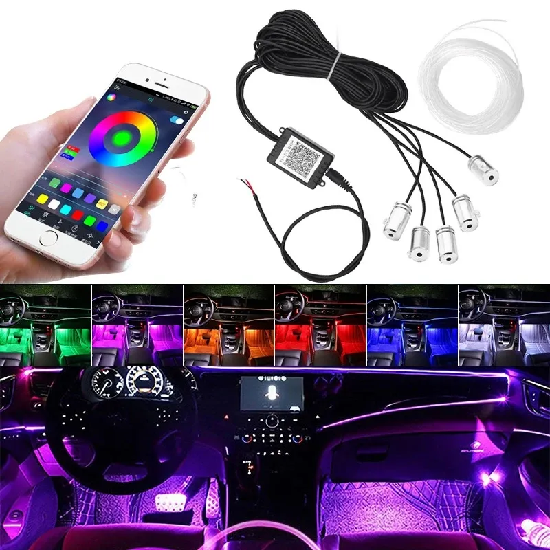 Luces de Ambiente de fibra óptica para interior de coche, 12V, LED RGB, aplicación colorida, Control de sonido, lámpara de neón ambiental decorativa para coche