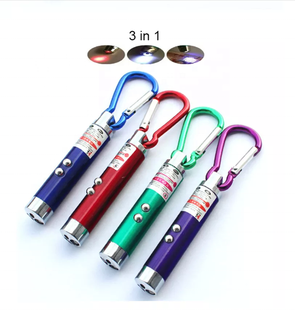 Aluminum 3 in 1 Laser&led Light Keychain UV Money Detector Red Laser Carabiner Gift Promotion Mini Flashlight Pet Cat/kids Toy