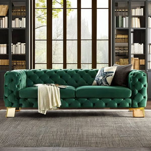 आधुनिक 3-सीटर चेस्टरफील्ड आर्म वेल्वेट टफ्टेड सेशनल सोफा सोफे सेट स्टेनलेस स्टील बेस चमड़े के लिविंग रूम होटल फर्नीचर - Product Image 3