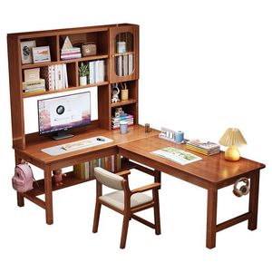 Escritorio esquinero de madera maciza con estantería y gabinete integrados, escritorio de estudio en forma de L para dormitorio, estación de trabajo para computadora - Product Image 5