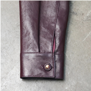 Giacca da <span class=keywords><strong>donna</strong></span> vintage in pelle di pecora <span class=keywords><strong>cerata</strong></span> rosso vino, modello ampio con risvolto a camicia, spalle scese, taglio corto, stile retrò, per il commuting - Product Image 5