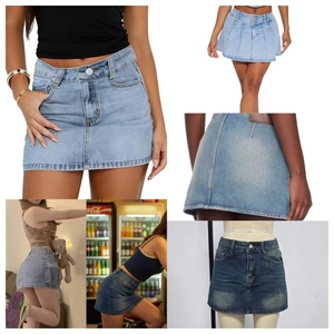 Summer Casual Women's High Waist Denim Mini <b>Skirt</b> Solid Color Style With Pockets Regular Fit A-Line Jean <b>Skirt</b> - Product Image 3