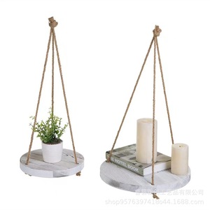 Hanging Plant Stand Round Wooden Rope <b>Floating</b> Frame Single Layer Solid Wood Distressed <b>Wall</b> Mounted Display <b>Shelf</b> - Product Image 5
