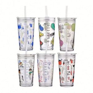 Tazas de Vidrio Personalizadas con Logotipo de 350 ml y 400 ml con Escala y Tapa de Silicona con Pajita de Fácil Apertura para Bebidas Energéticas - Product Image 1