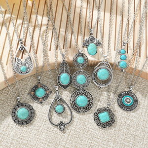 Collier Bohème Turquoise pour Femme, Pendentif Goutte d'Eau en Alliage Argenté Tibétain, Bijoux de Fête, Colliers Perlés Tendance - Product Image 4