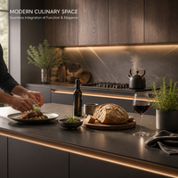 Projet de cuisine sur mesure OEM ODM : Armoires, îlot central et bar personnalisés (couleur et dimensions) pour hôtels, appartements et villas