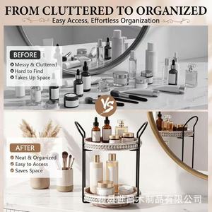 Wooden Rotating Desktop <b>Storage</b> <b>Tray</b> Round 2 Tier Distressed Finish For Bathroom Kitchen Countertop Organization - Product Image 3