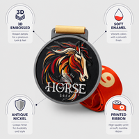 Médaille en métal personnalisée OEM ODM avec motif cheval en relief 3D, émail, ruban imprimé, alliage de zinc, récompense sportive, cadeau commémoratif de course