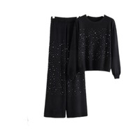 Ensemble 2 pièces tricoté automne-hiver 2026 pour femme : pull étoile en strass marron chocolat et pantalon large – Vente en gros