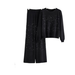 Completo Set 2 Pezzi Lavorato a Maglia Autunno Inverno 2026 Marrone Cioccolato con Maglione Stella Strass e Pantaloni a Gamba Larga da Donna - Vendita all'Ingrosso - Product Image 5
