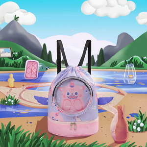 Ransel tali kolor renang anak perempuan, ransel renang pola kartun buaya ringan desain lucu dengan lapisan poliester sayap dan ekor - Product Image 3