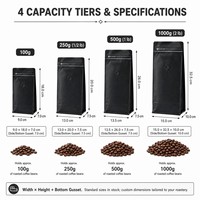 Sachet de café à fond plat, scellé sur huit côtés, avec valve de dégazage, fermeture à glissière à languette, en feuille de kraft, 125g 250g 500g 1kg, personnalisable OEM