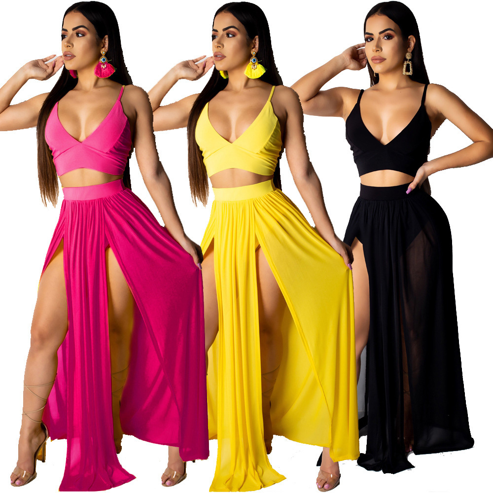 Split skirt suit women's long skirt sexy open navel vest net see through high seam skirt women's nightclub two piece suit