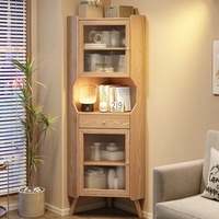 Armoire de rangement d'angle triangulaire rétro en bois massif blanc avec hauteur réglable en verre pour salle à manger/salon, artisanale et élégante