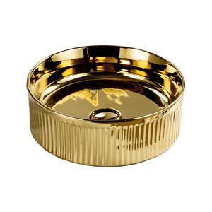 Lujoso Lavabo Moderno de Cerámica Blanca Acanalado <span class=keywords><strong>con</strong></span> Borde <span class=keywords><strong>Dorado</strong></span>, Muebles Modulares de Alta Gama Fáciles de Limpiar para Hoteles, Incluye Desagüe - Product Image 3