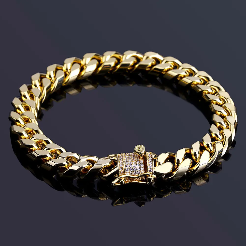 Iced Out CZ bahan tembaga Hip Hop 14k emas berlapis Kuba Tautan gelang untuk wanita pria gelang mewah di tangan perhiasan